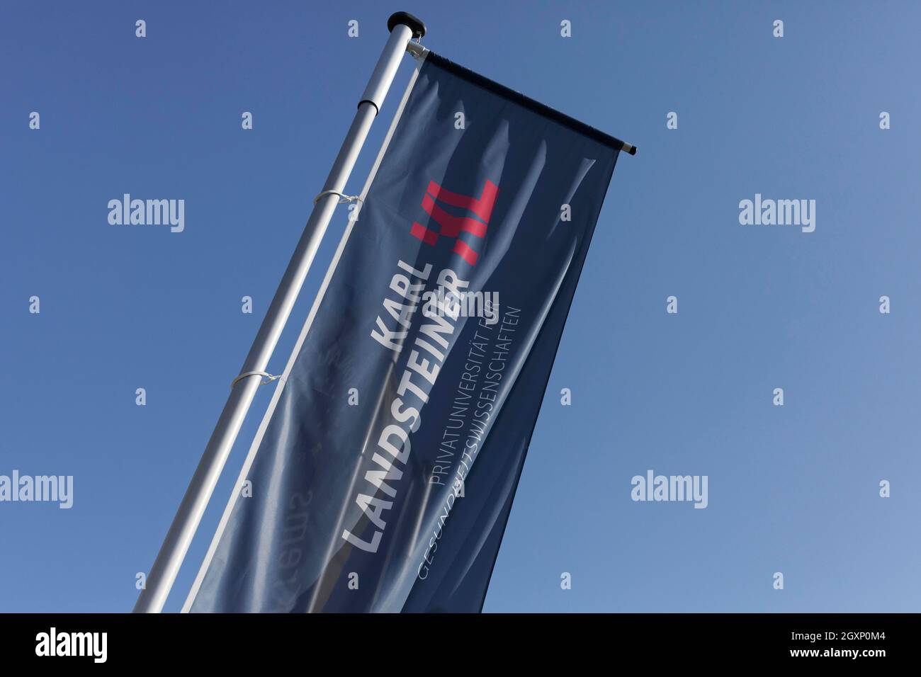 Karl Landsteiner Private University of Health Sciences, flag with logo, Krems, Wachau, Lower Austria, Austria Stock Photo