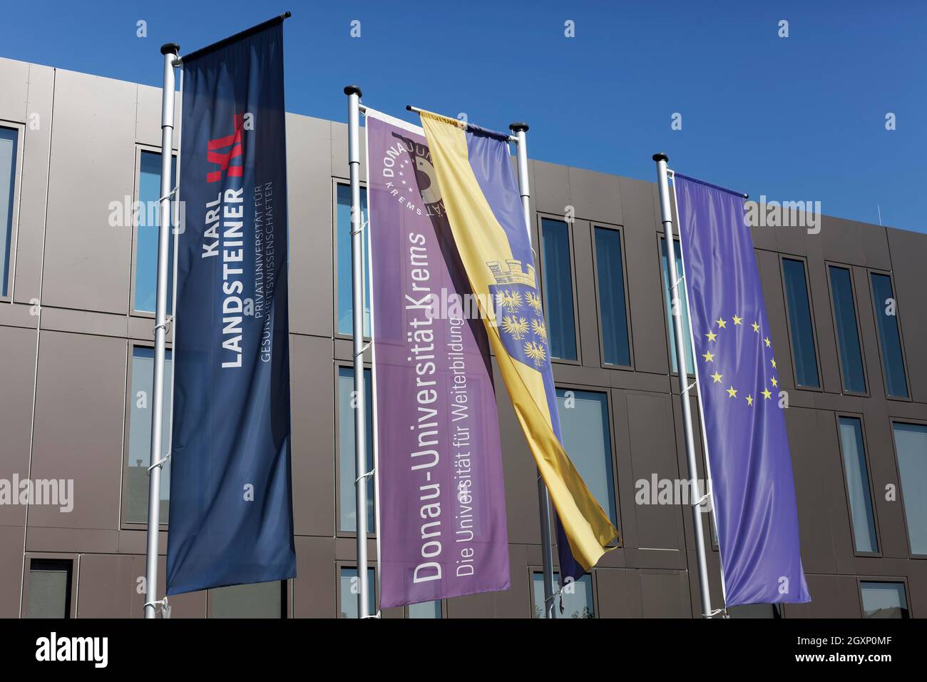 Karl Landsteiner Private University of Health Sciences, flags with logo, Krems, Wachau, Lower Austria, Austria Stock Photo