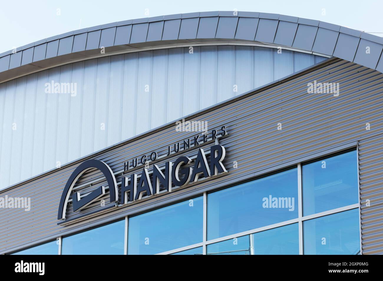 Hugo Junkers Hangar, logo on the building, Moenchengladbach Airport MGL, North Rhine-Westphalia, Germany Stock Photo