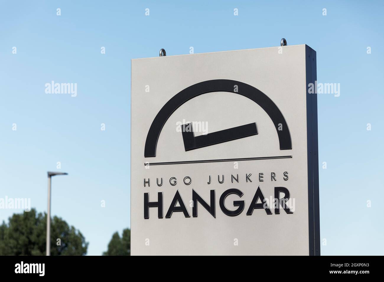 Logo Hugo Junkers Hangar, Logo on Pylon, Moenchengladbach Airport MGL, North Rhine-Westphalia, Germany Stock Photo
