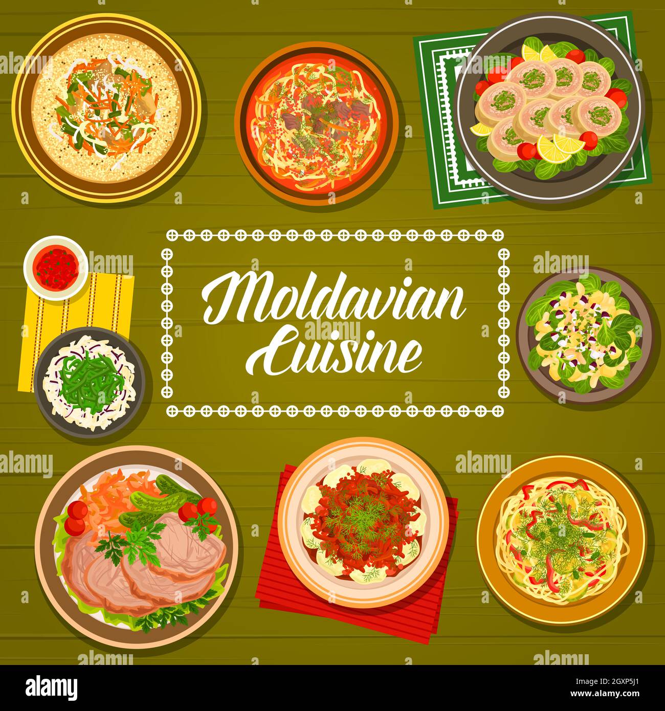 Moldovan cuisine menu cover, Moldavian food dishes and traditional dinner or lunch meals. Eastern Europe cuisines, Moldovan or Moldavian national food Stock Vector