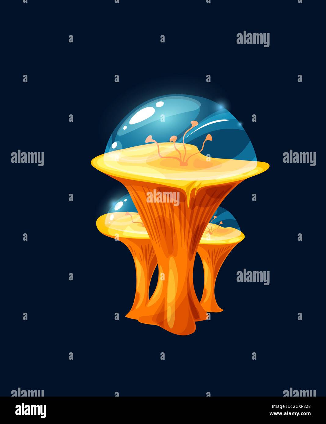 Fantasy magic jelly yellow mushroom. Cartoon vector alien planet plant, flower or live organism with single leg, antennas or tentacles, transparent fo Stock Vector