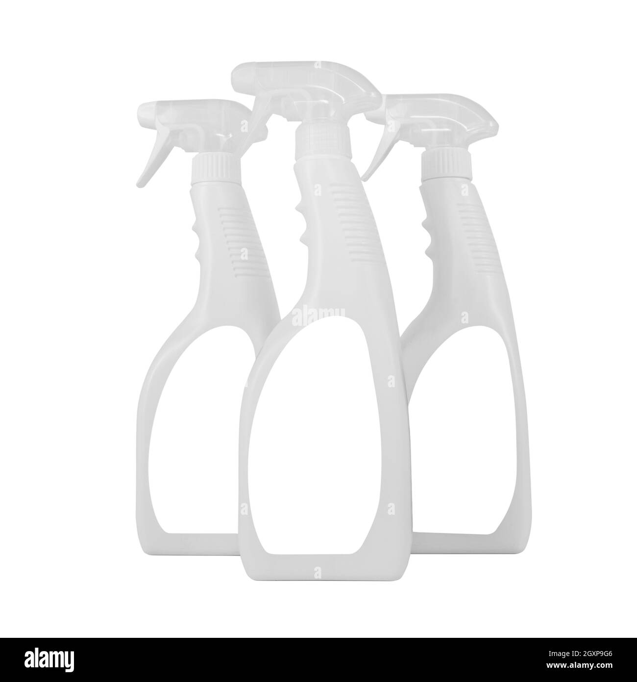 Three sanitary spray plastic bottles on a white background with white label Stock Photo