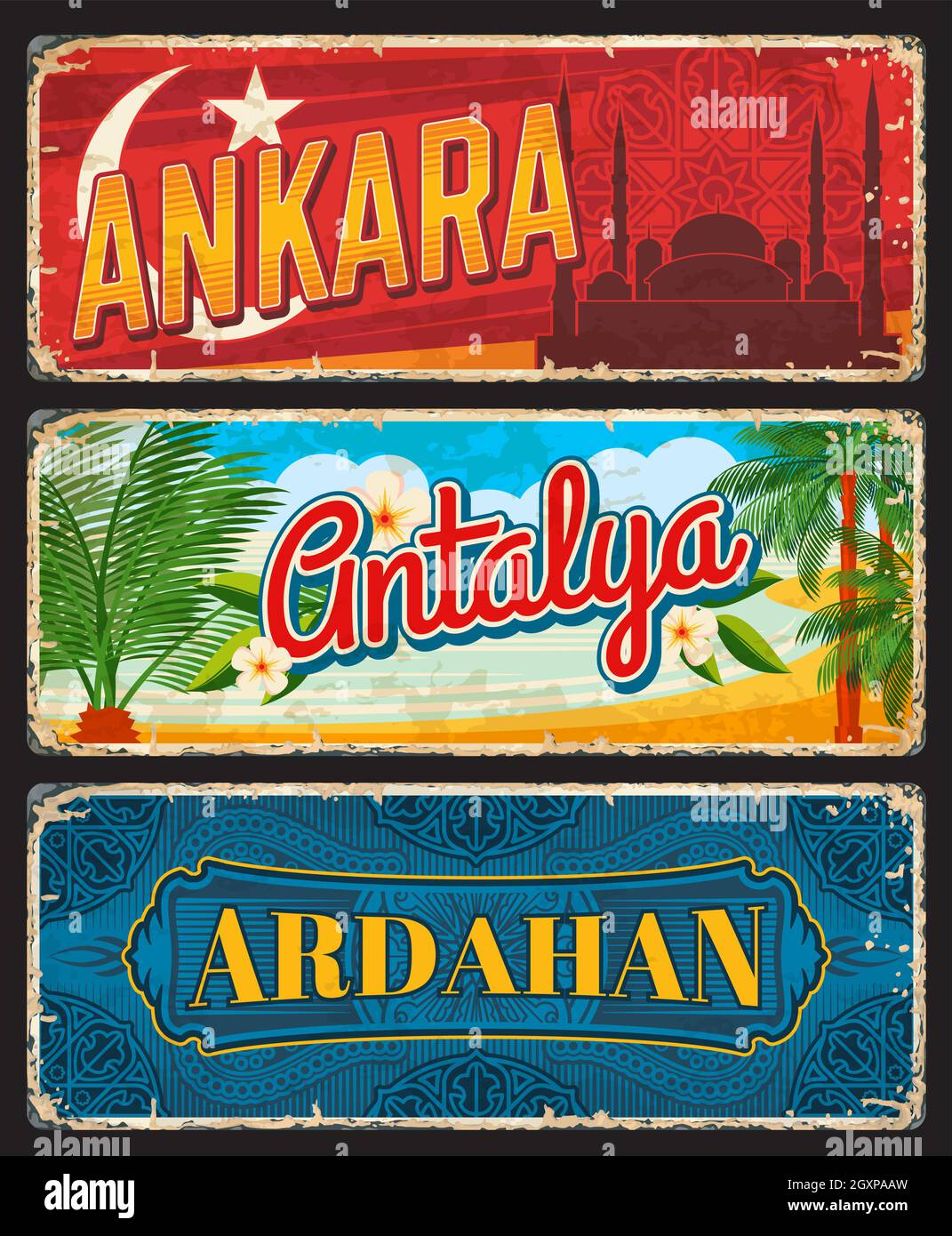 Ankara, Antalya and Ardahan provinces of Turkey, il vintage plates. Vector aged travel destination banners. Retro grunge signboards, antique worn post Stock Vector