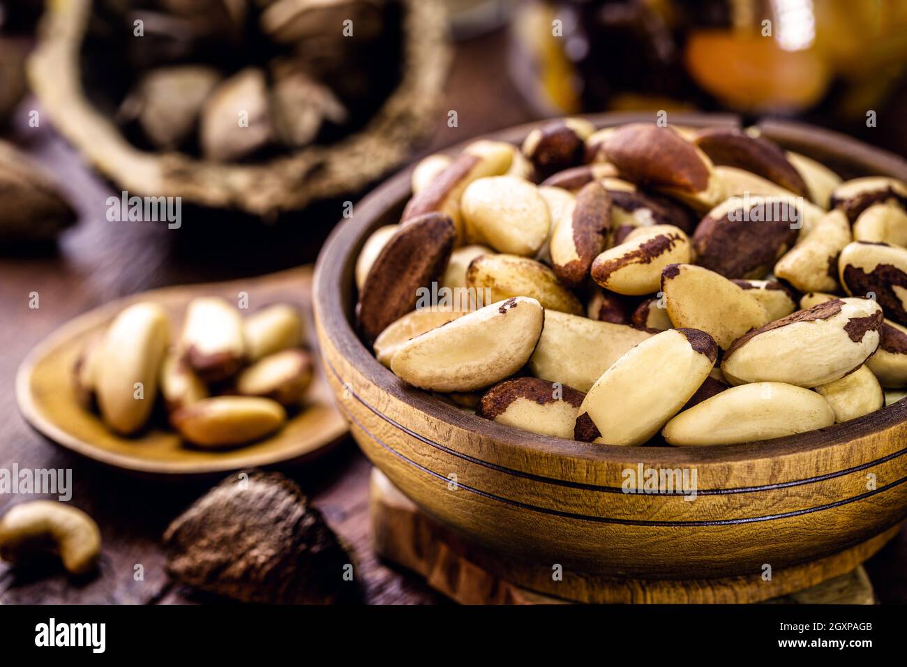 wooden bowl with many Bertholletia excelsa, popularly known as chestnut ...