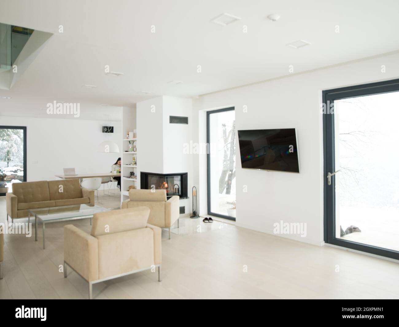 Picture of Architecture, Interior, modern apartment, wide living room Stock Photo ...