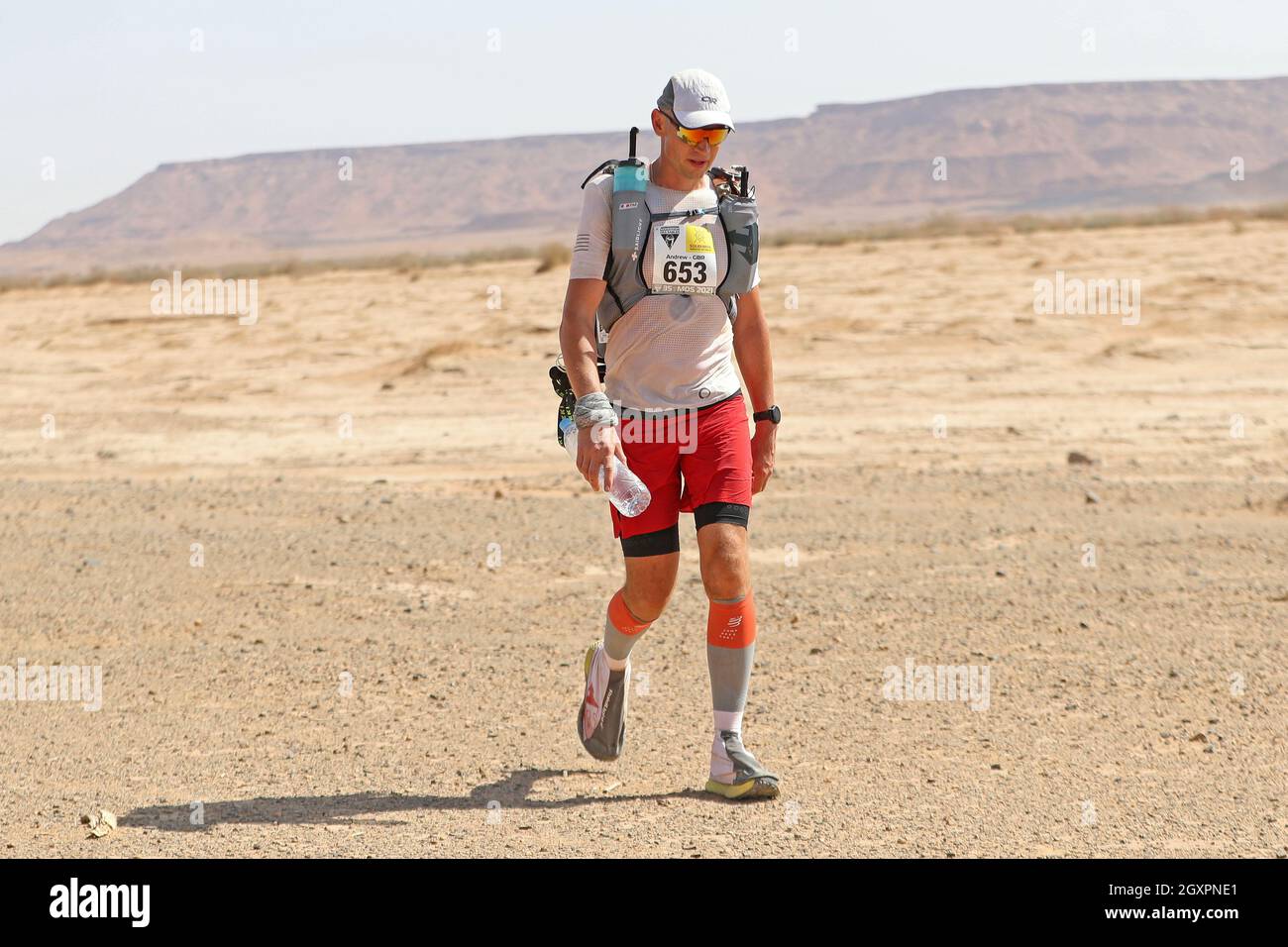 Sahara Desert, Morocco, 5th October 2021; Kourci Dial Zaid to Jebel El Mraier ; Andrew Cooper (gbr) Marathon des Sables, stage 3 of  a six-day, 251 km ultramarathon, which is approximately the distance of six regular marathons. The longest single stage is 91 km long. This multiday race is held every year in southern Morocco, in the Sahara Desert. Stock Photo
