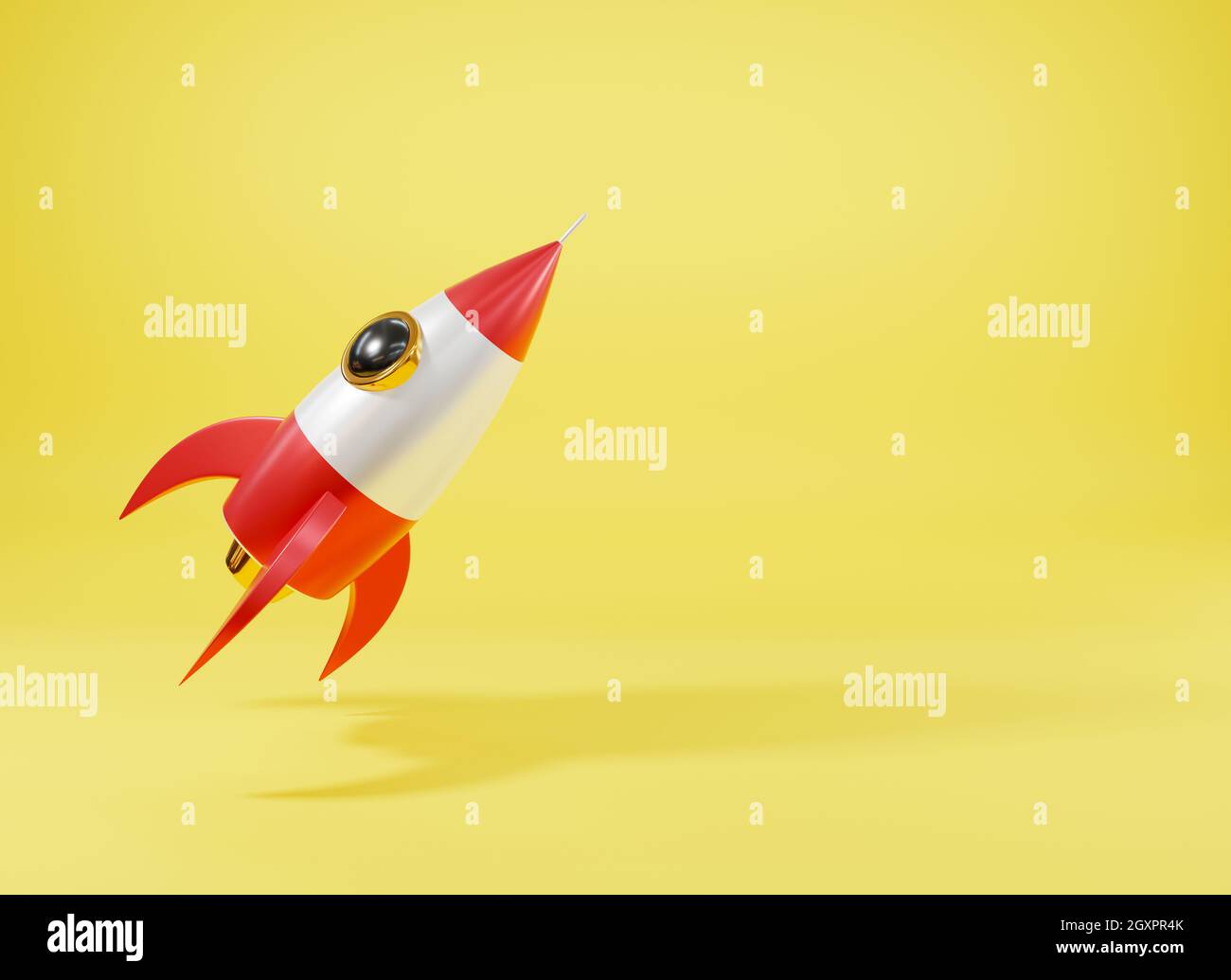 Rocket spaceship antique style, Model cartoon toy space exploration icon on yellow background, Retro fly to the moon and galaxy, 3D rendering illustra Stock Photo