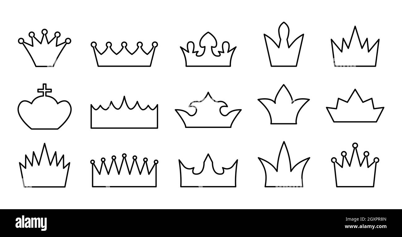 Crown icons line outline contour set. Coronas for prince or princess ring and queen isolated on white background. Decor for website, price tag, products. Object for card. Heraldic element collection Stock Vector