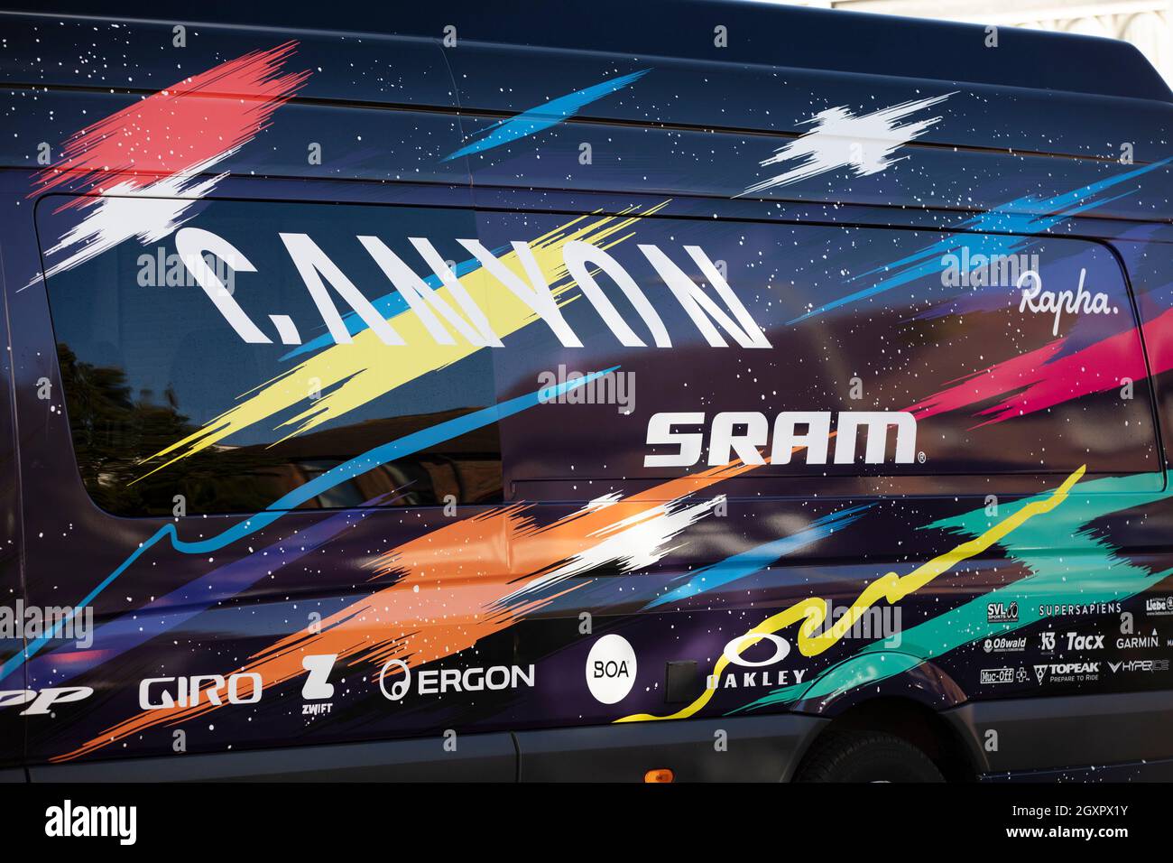 Bicester, UK - October 2021: Logo for Canyon Bicycles on a team racing van at a sports event Stock Photo