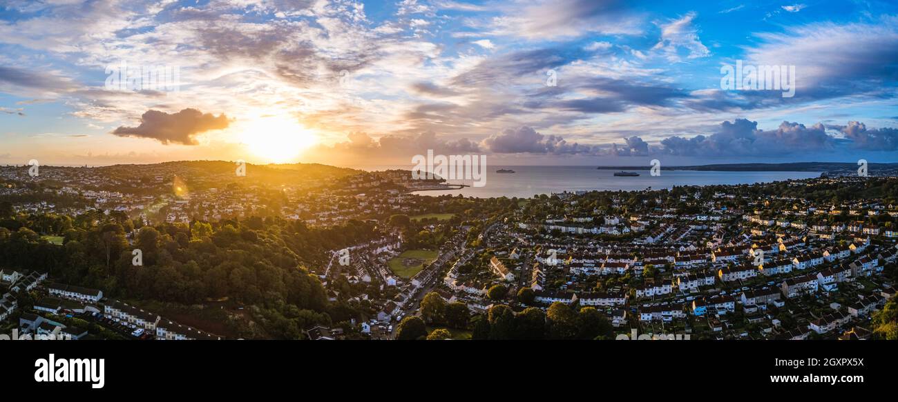 Panorama of Sunrise over Torquay from a drone, Torbay, Devon, England, Europe Stock Photo