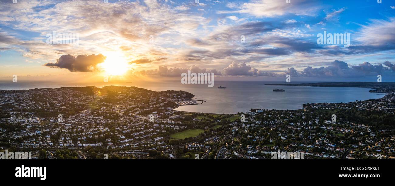 Panorama of Sunrise over Torquay from a drone, Torbay, Devon, England, Europe Stock Photo