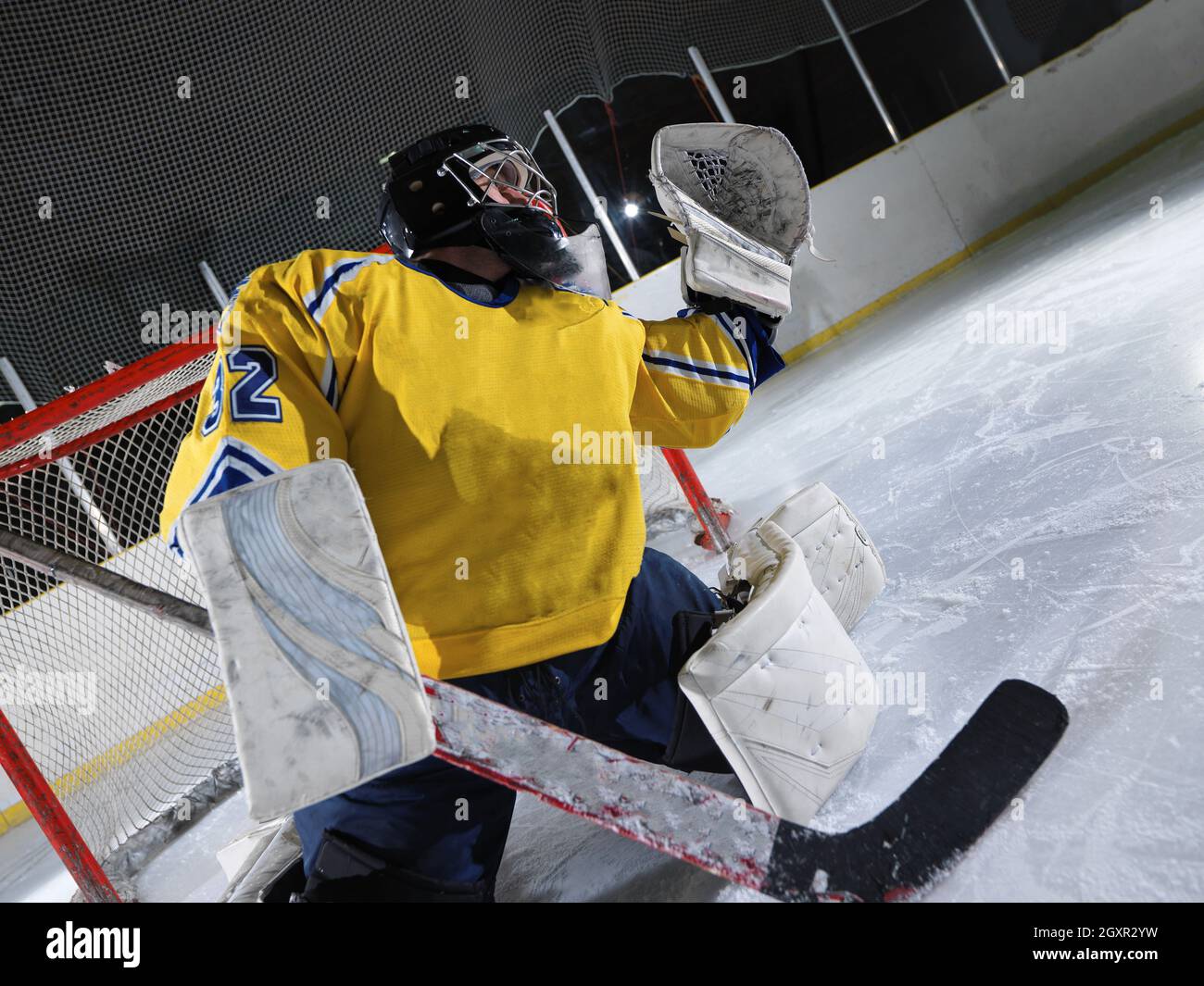ice hockey goalkeeper player on goal in action Stock Photo Alamy