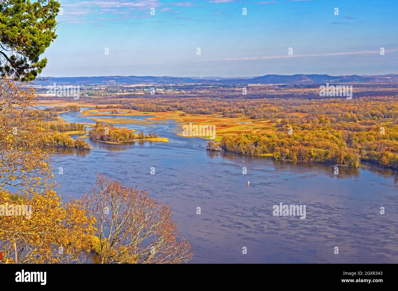 The Upper Mississippi Bayou in Fall Colors in Great River Bluffs State Park in Minnesota Stock Photo
