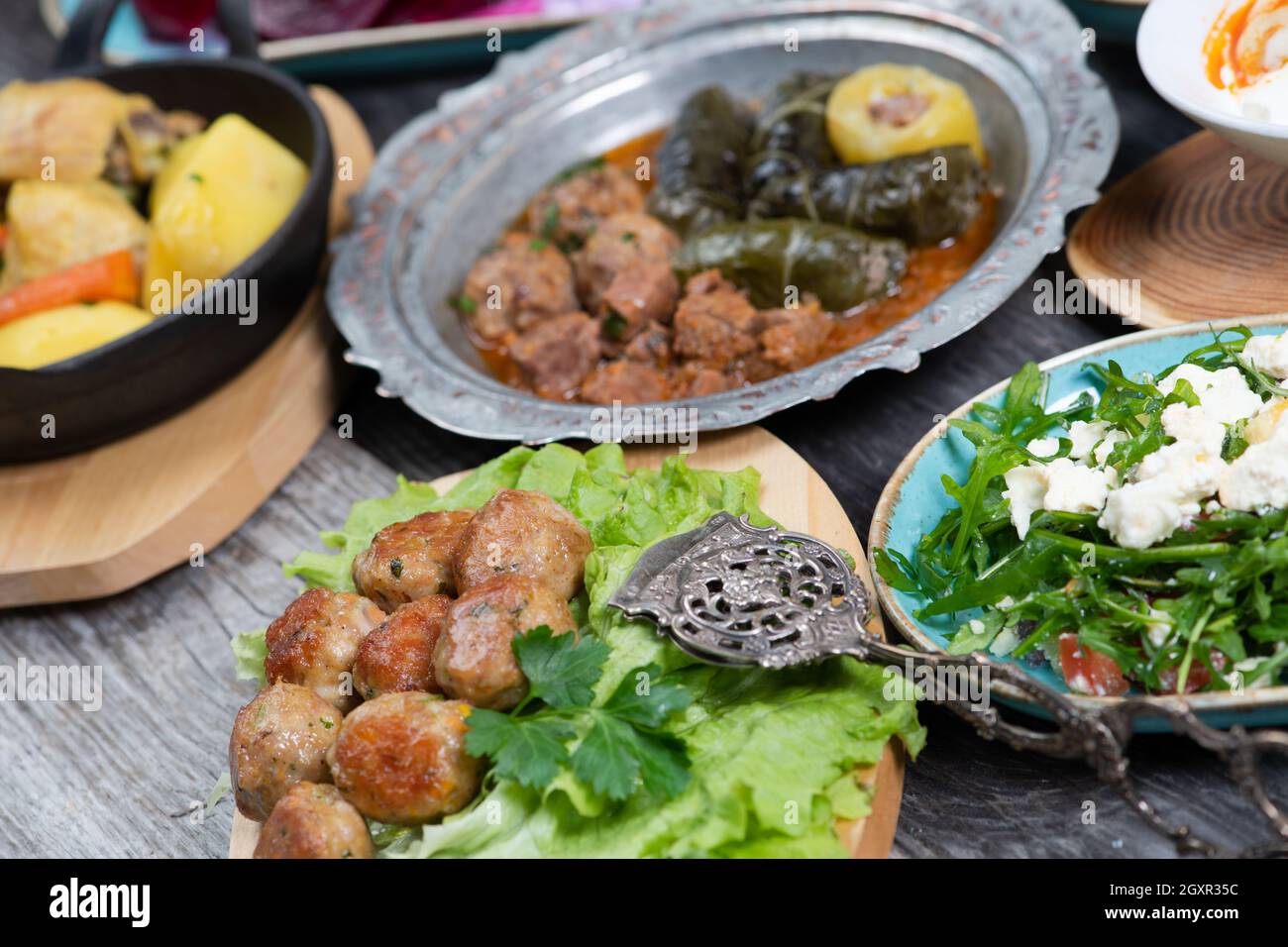 Eid Mubarak Traditional Ramadan Iftar dinner. Assorted tasty food in ...