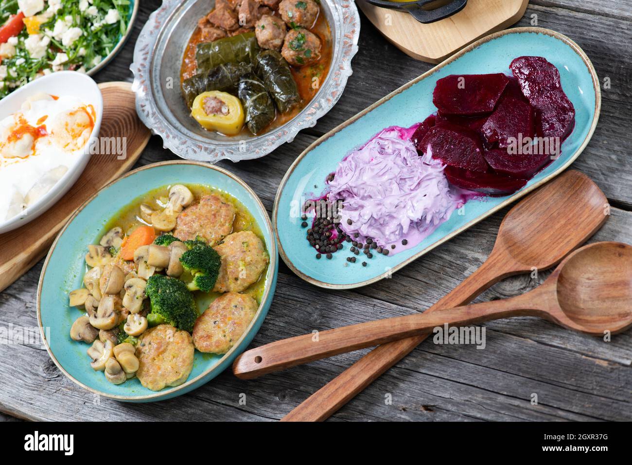 Eid Mubarak Traditional Ramadan Iftar dinner. Assorted tasty food in ...