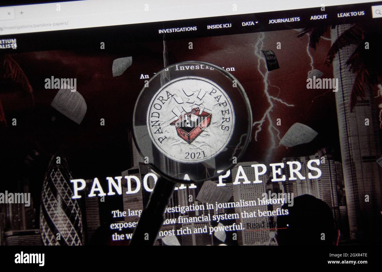Montreal, Canada - October 5, 2021: The Pandora Papers website. It's a leaked set of 12 million documents and files exposing the secret wealth and dea Stock Photo