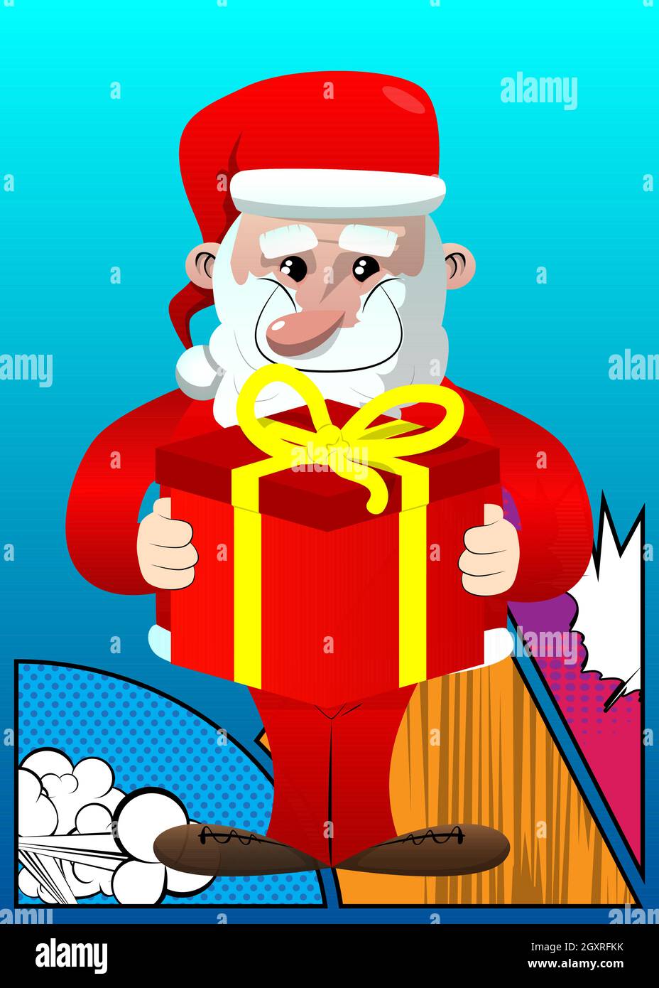 Santa Claus in his red clothes with white beard holding big gift box ...
