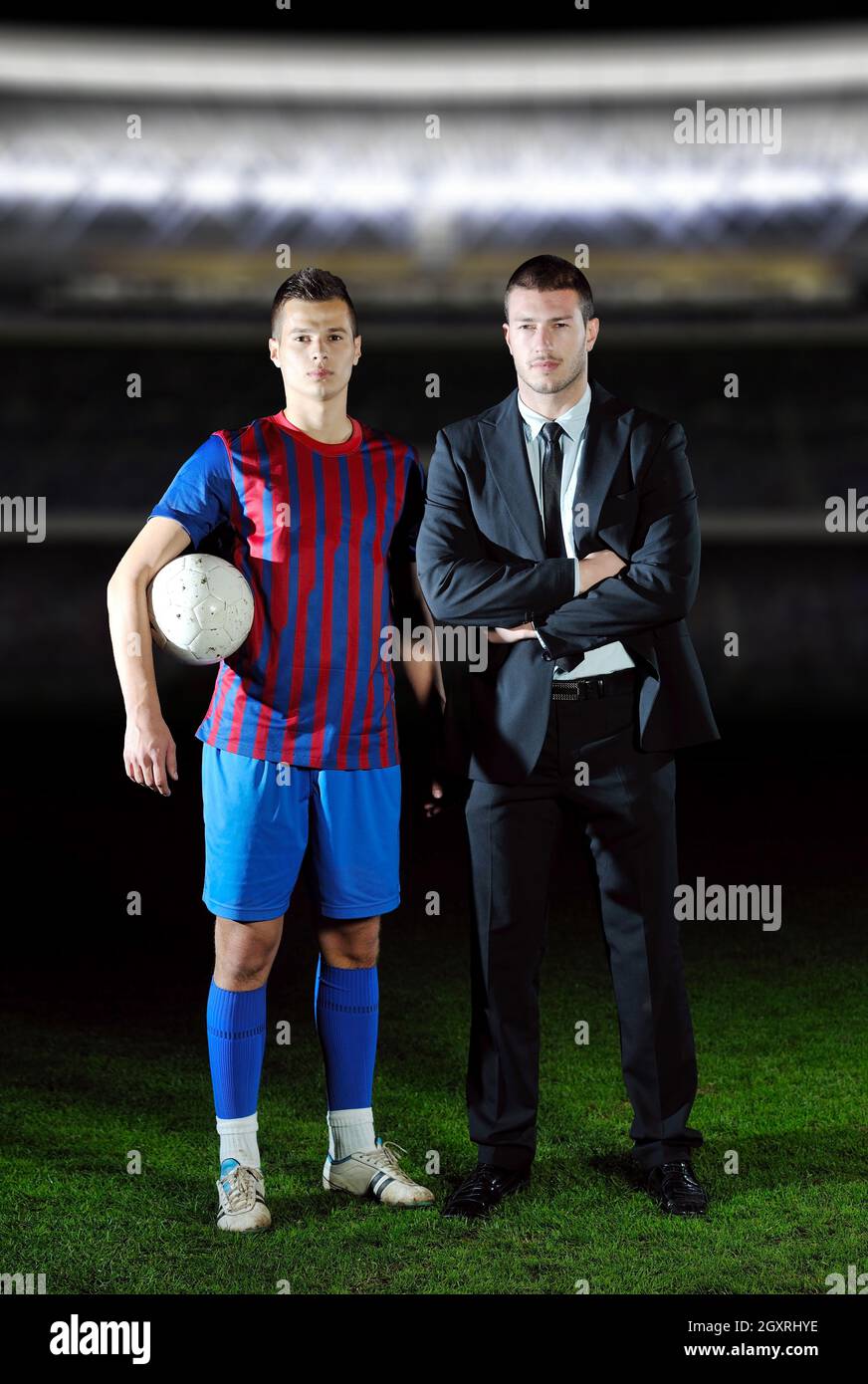 soccer sport manager in business suit coach and football player on