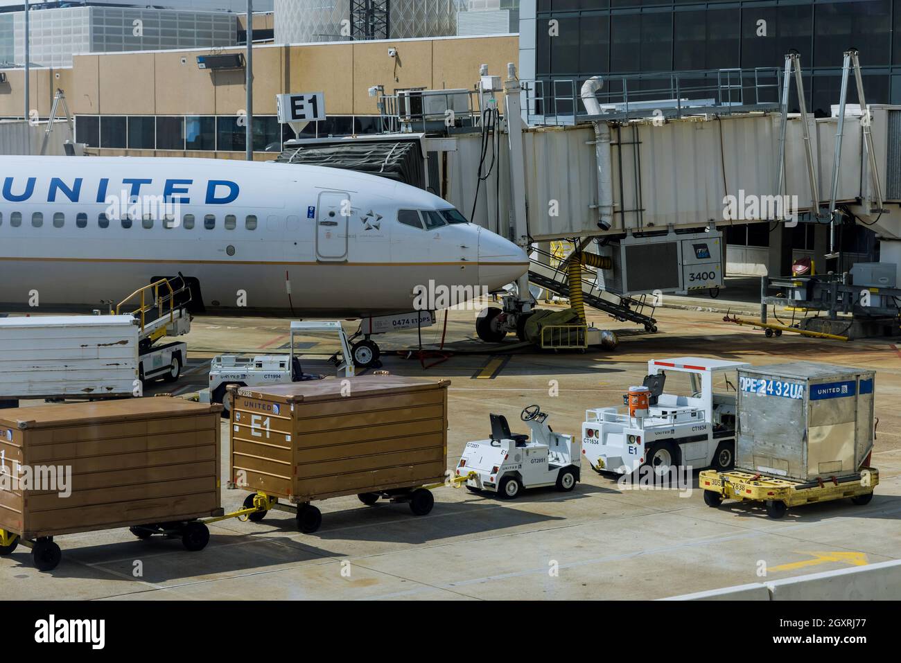 United Airlines in airport Houston TX USA with huge vehicle pushing