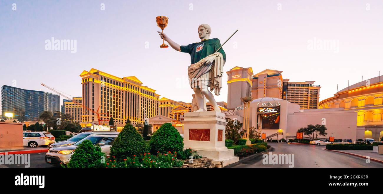 Las Vegas, Nevada, USA - October 1, 2021  Caesars Palace Las Vegas hotel and casino at sunset, street view Stock Photo