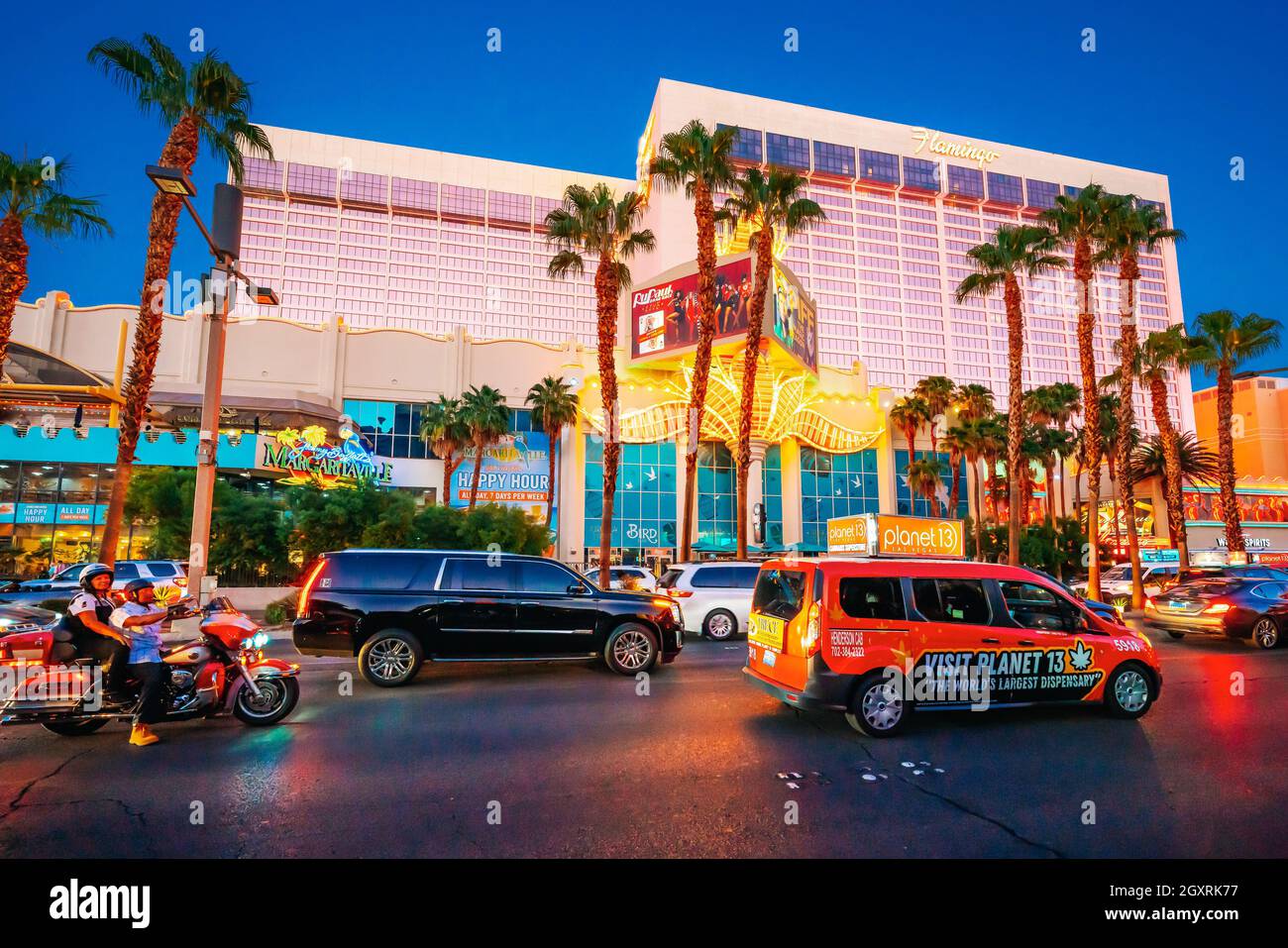 Las Vegas, Nevada, USA - October 1, 2021  Flamingo, luxury Las Vegas Hotel and Casino. Classic Vegas style at the center of the Strip. Street view, tr Stock Photo