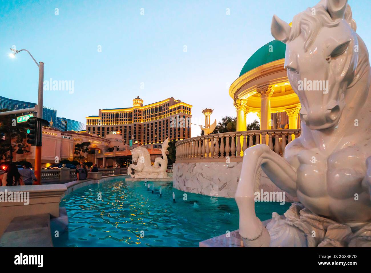 Las Vegas, Nevada, USA - October 1, 2021  Bellagio Luxury Resort and Casino in the heart of Las Vegas Strip at night Stock Photo