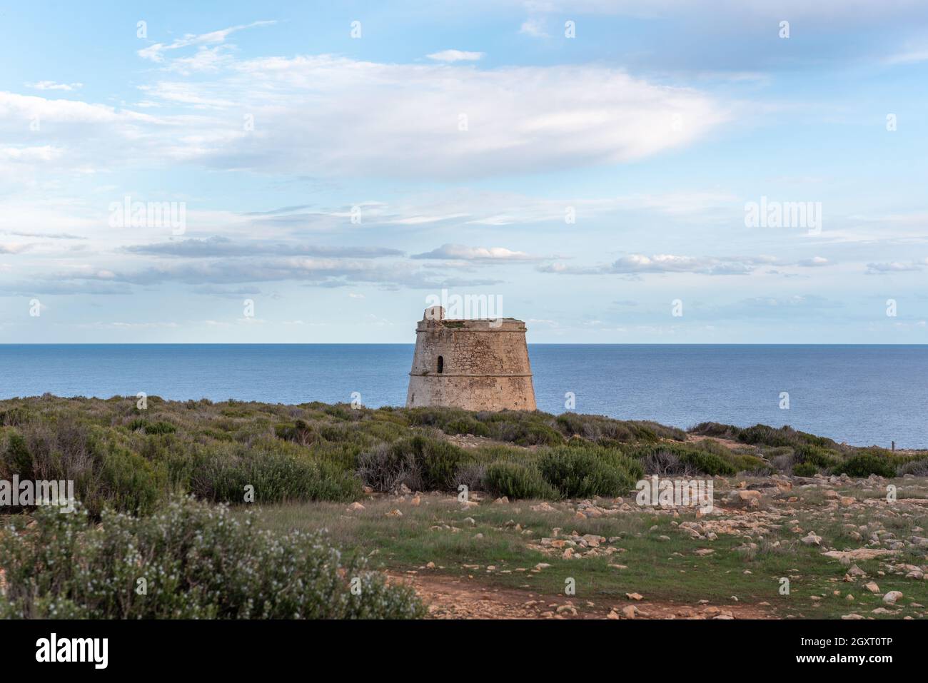 Watchtower of Sa Savina on Formentera island in Balearic Islands in Spain. Stock Photo