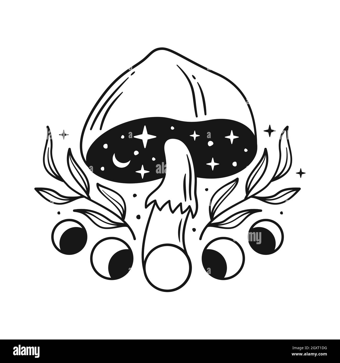Black and white illustrations with magic mushroom and moon phases. Stock Vector