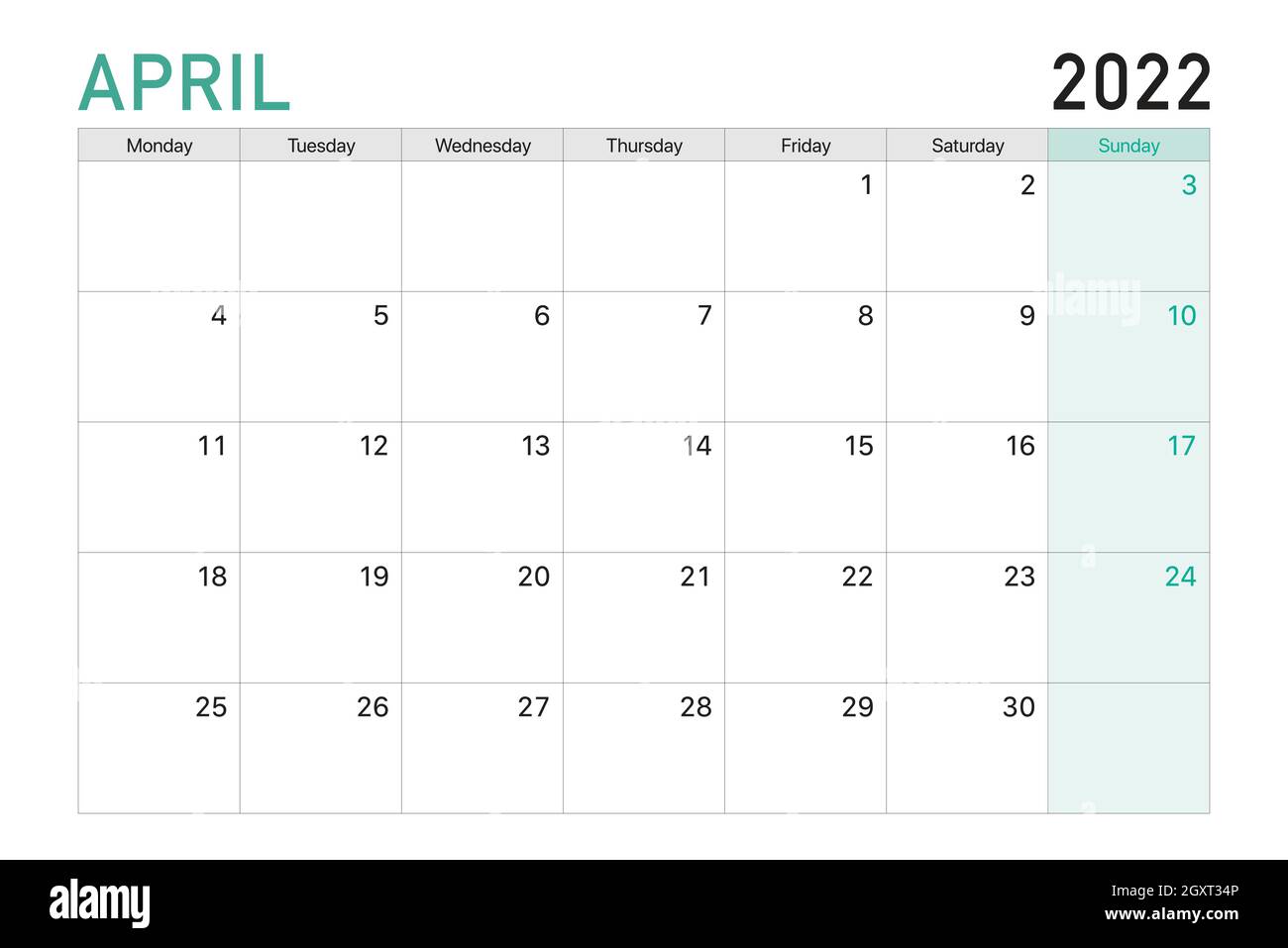 April 2022 Desktop Calendar 2022 April Illustration Vector Desk Calendar Weeks Start On Monday In Light  Green And White Theme Stock Vector Image & Art - Alamy
