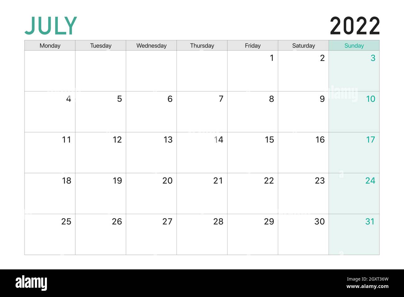 2022 July Illustration Vector Desk Calendar Weeks Start On Monday In Light Green And White Theme Stock Vector Image & Art - Alamy