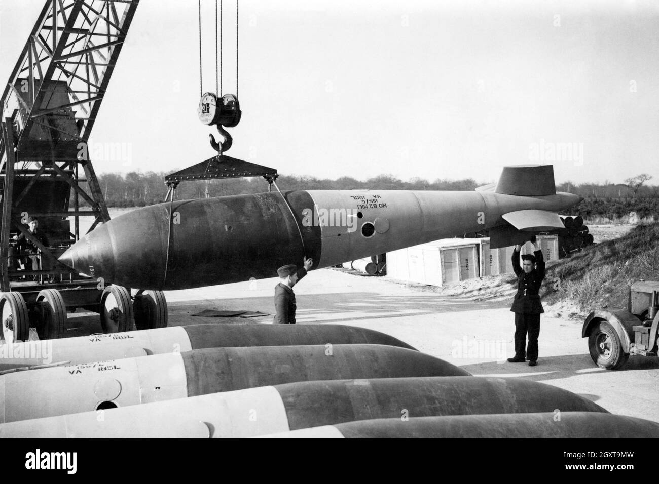 The ten ton grand slam bomb. This was a very high charge bomb that was used against difficult precision targets such as submarine pens and bridges. It was designed by Barnes Wallis. Stock Photo