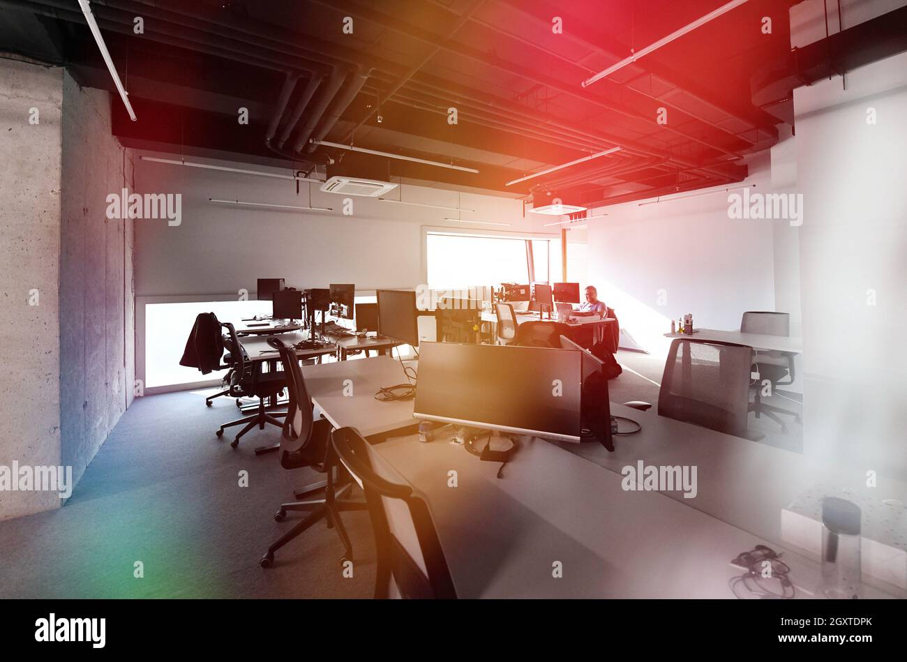software developers working everyday job writing programming code at modern sunny bright open plan office Stock Photo