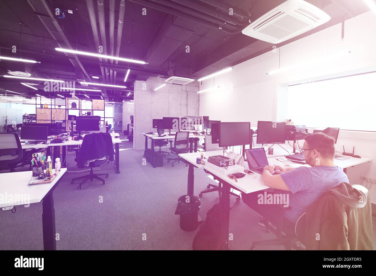 software developers working everyday job writing programming code at modern sunny bright open plan office Stock Photo