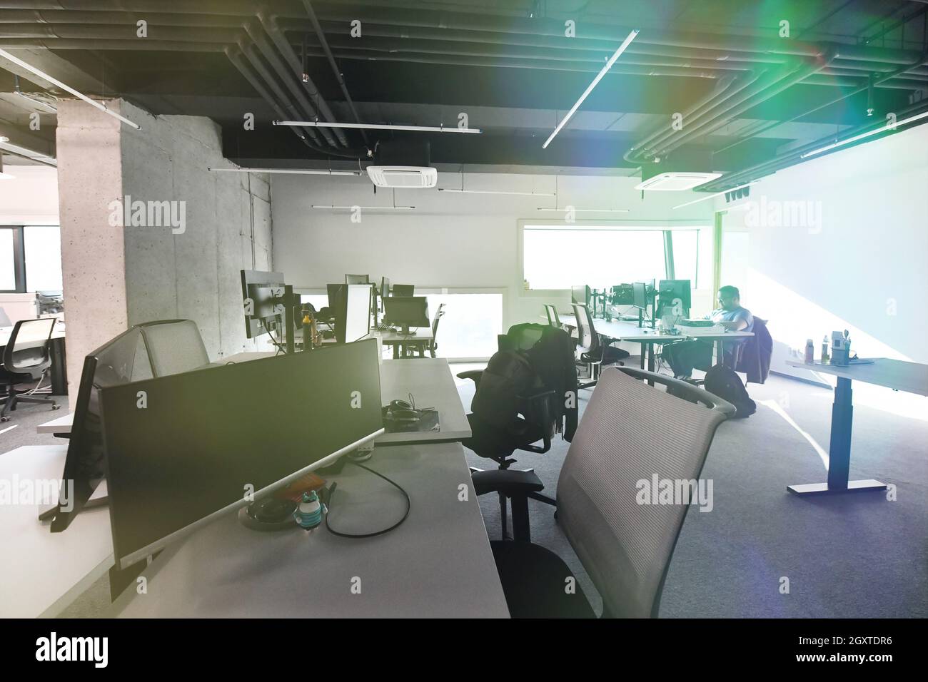 software developers working everyday job writing programming code at modern sunny bright open plan office Stock Photo
