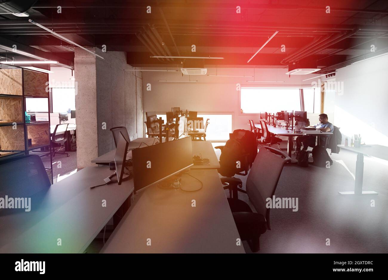 software developers working everyday job writing programming code at modern sunny bright open plan office Stock Photo