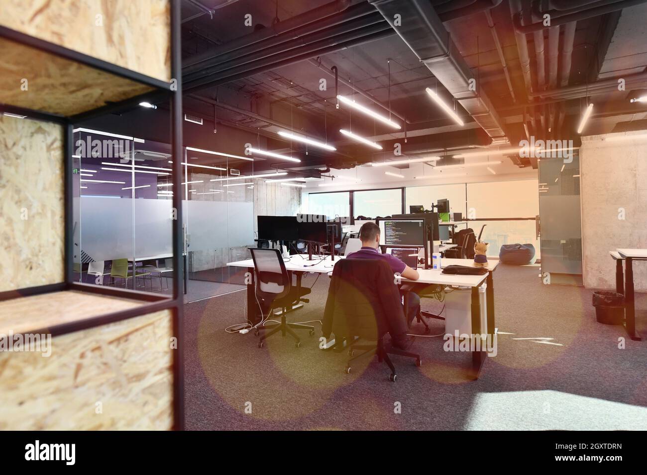 software developers working everyday job writing programming code at modern sunny bright open plan office Stock Photo