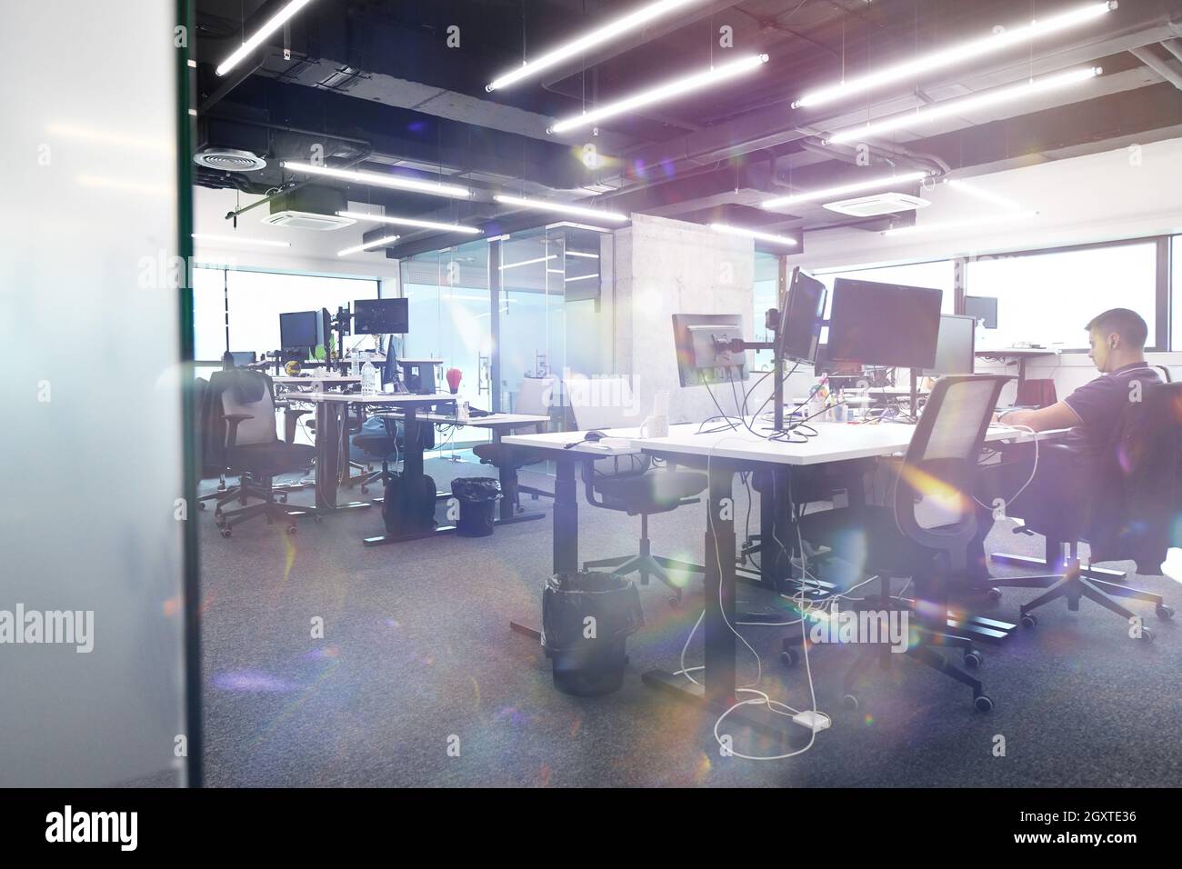 software developers working everyday job writing programming code at modern sunny bright open plan office Stock Photo