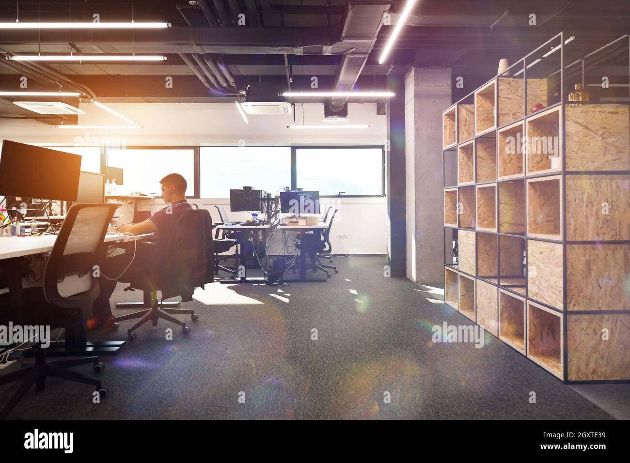 software developers working everyday job writing programming code at modern sunny bright open plan office Stock Photo