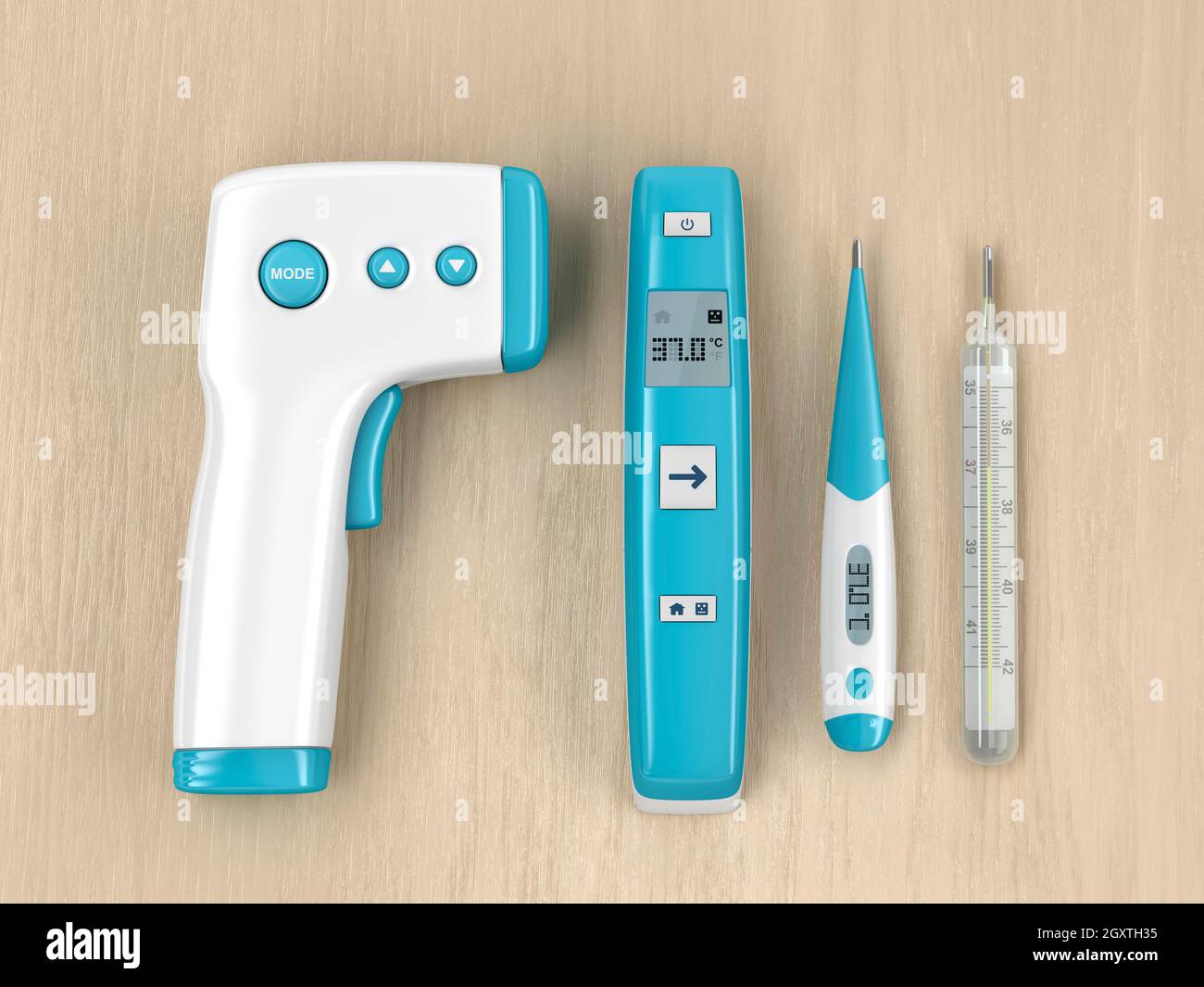 Different types of medical thermometers on wood table, top view Stock