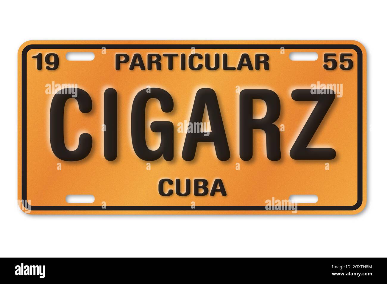 Illustration of orange and black Cuban license plate, 1955, 'Particular' means privately owned. Custom text says CIGARZ, a spelling of cigars. Stock Photo