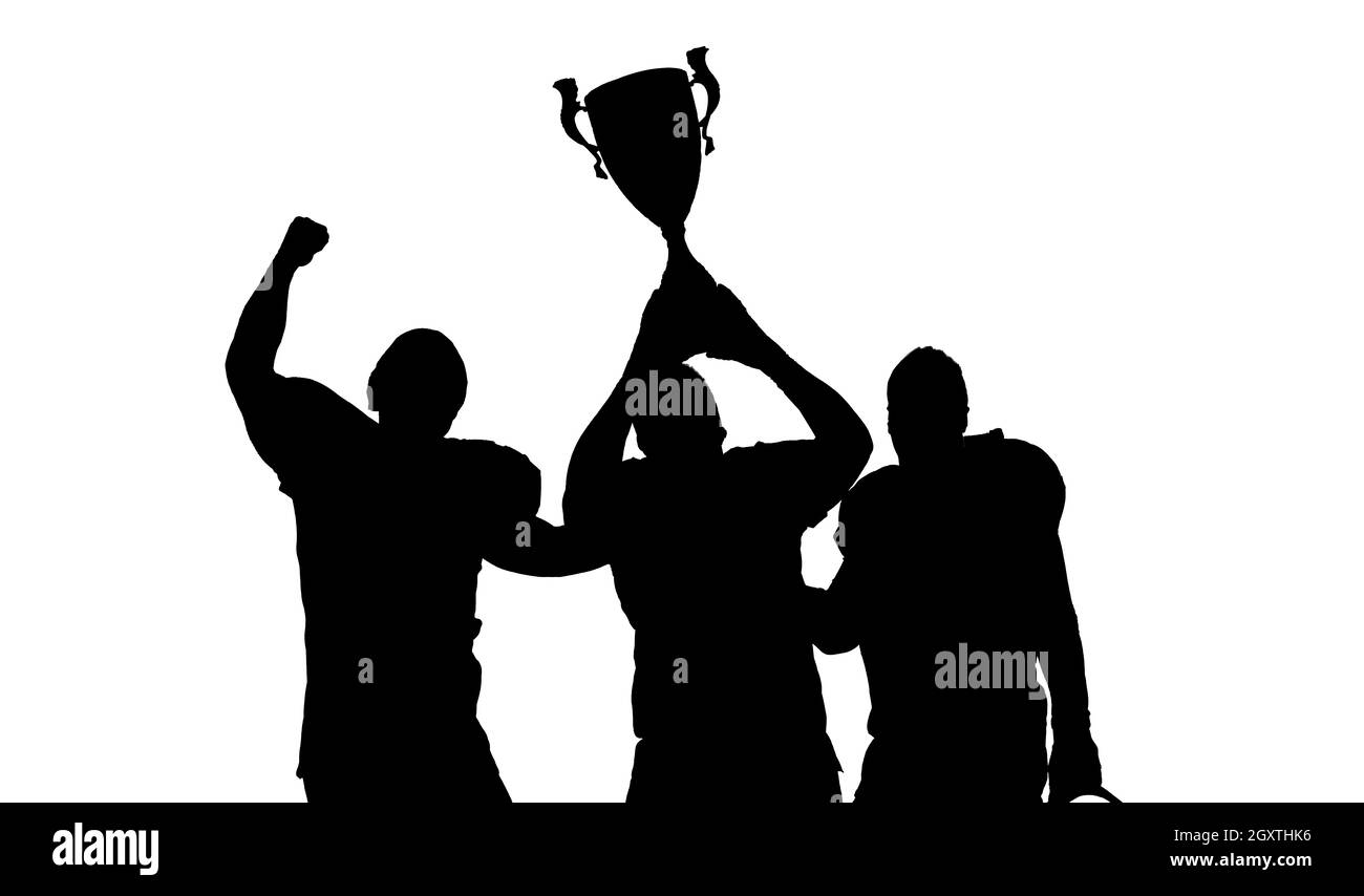 happy american football team with trophy celebrating victory isolated