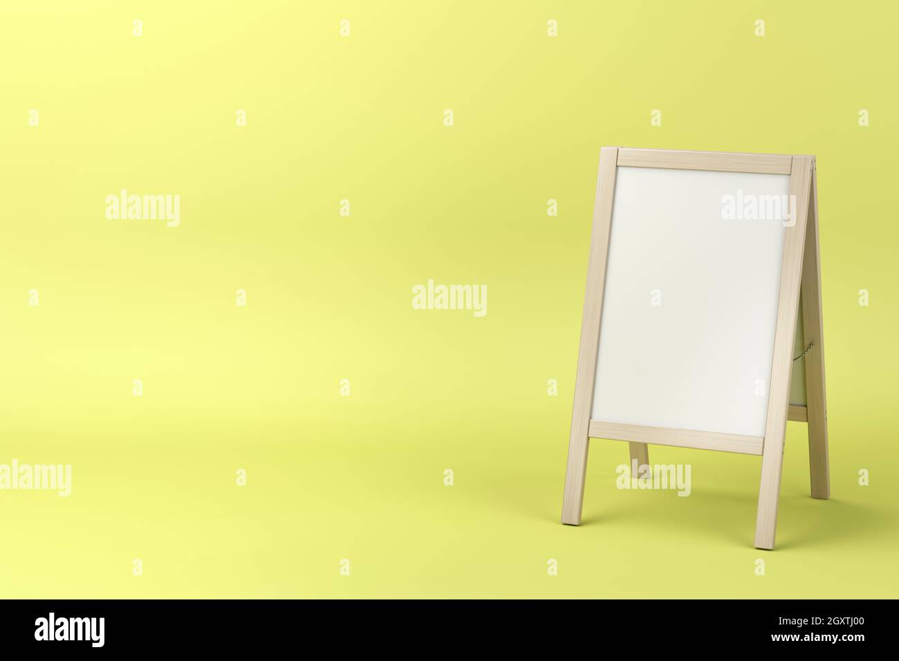 Outdoor menu display board with wooden frame on yellow background Stock