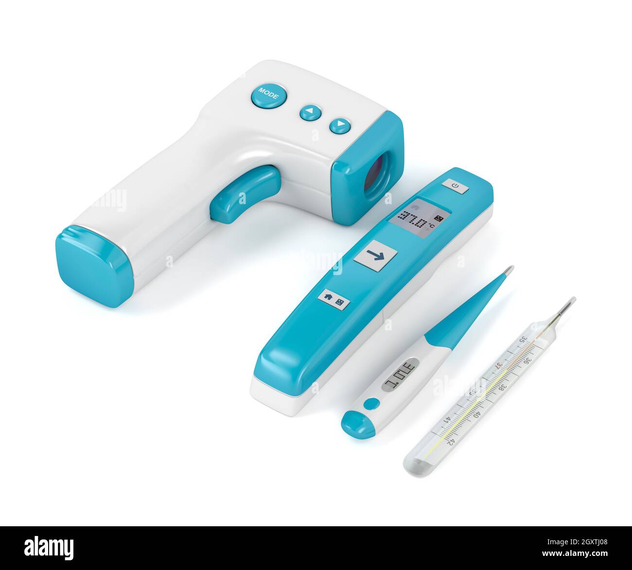 Four different types of medical thermometers on white background Stock