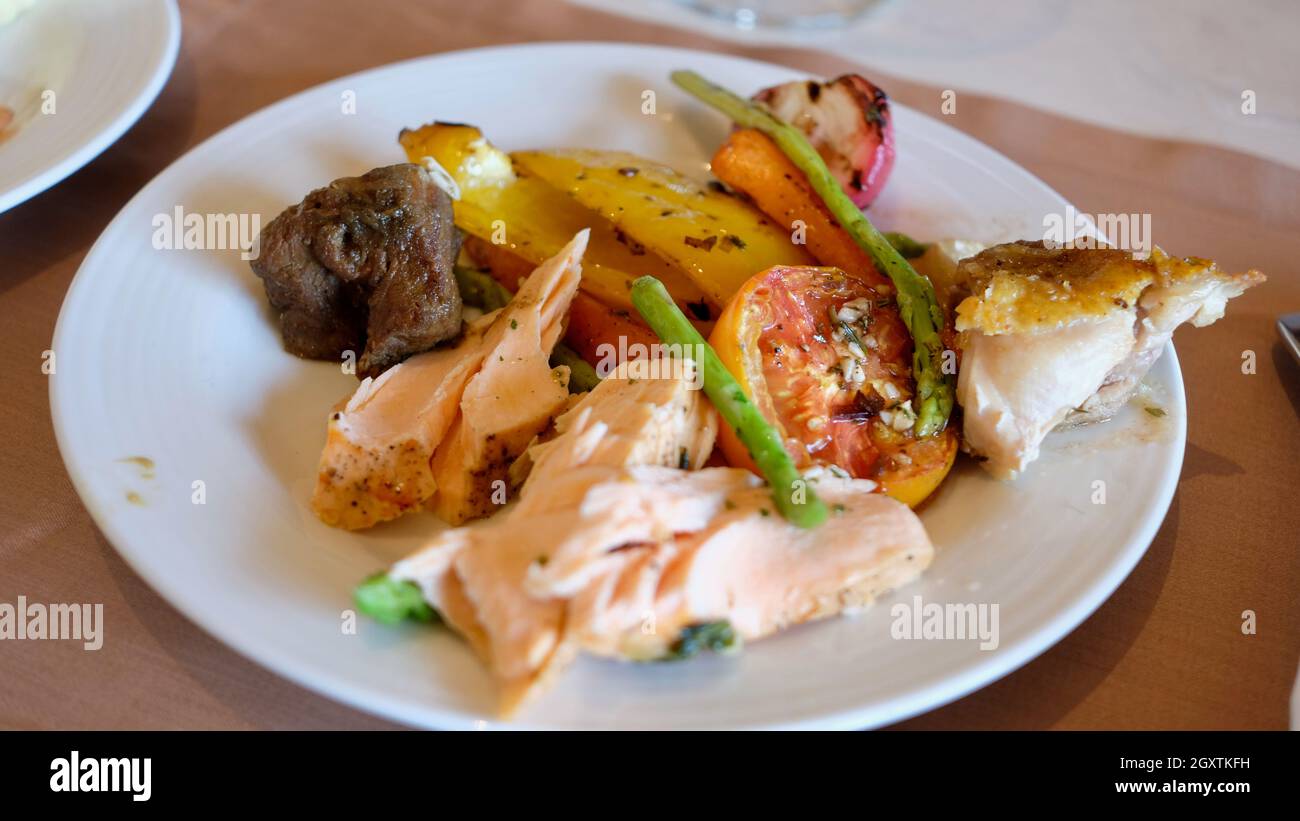 Buffet Plate Fish Beef Vegetables Stock Photo Alamy