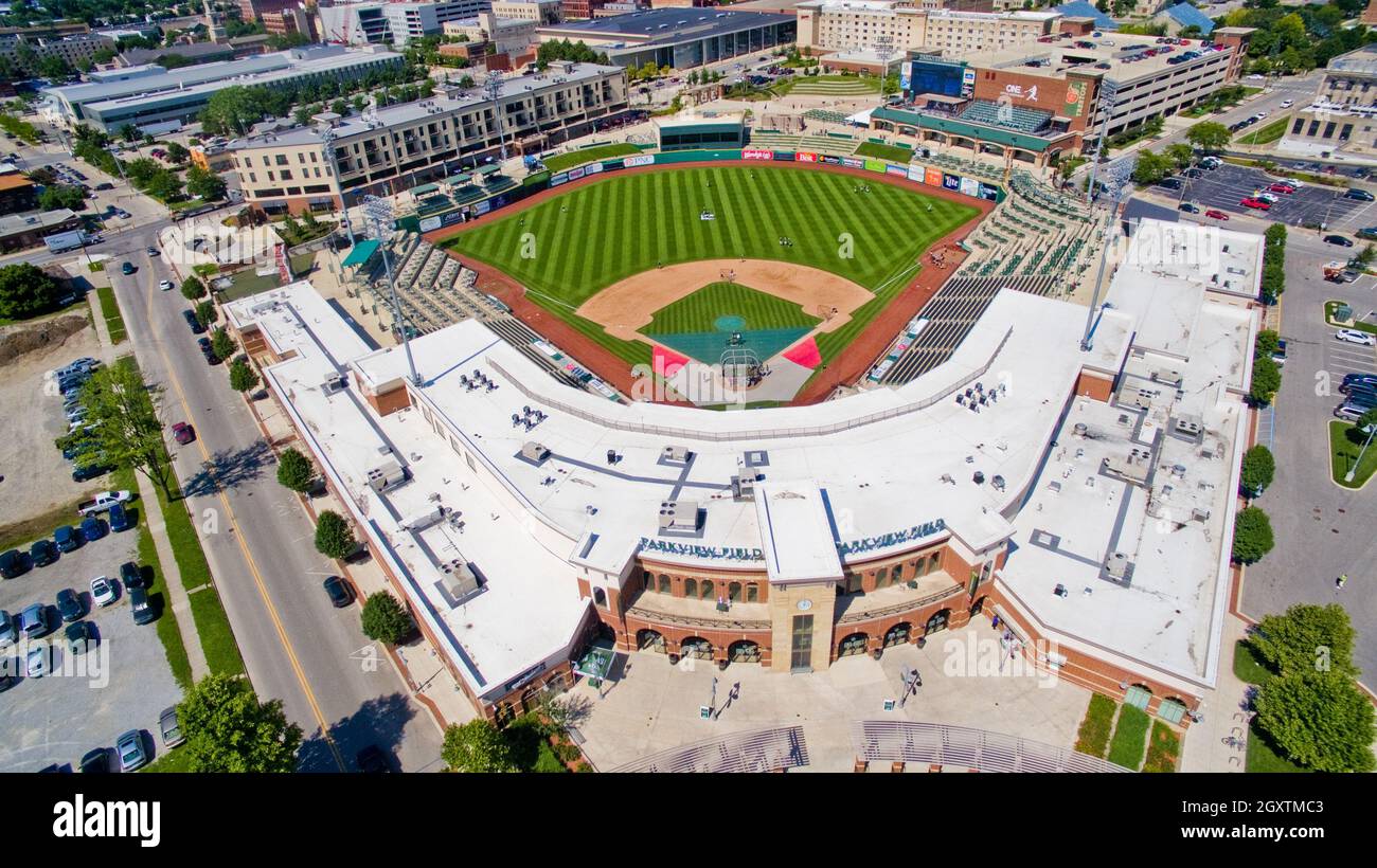 Aerial shot of Parkview Field baseball diamond with streets and stadium