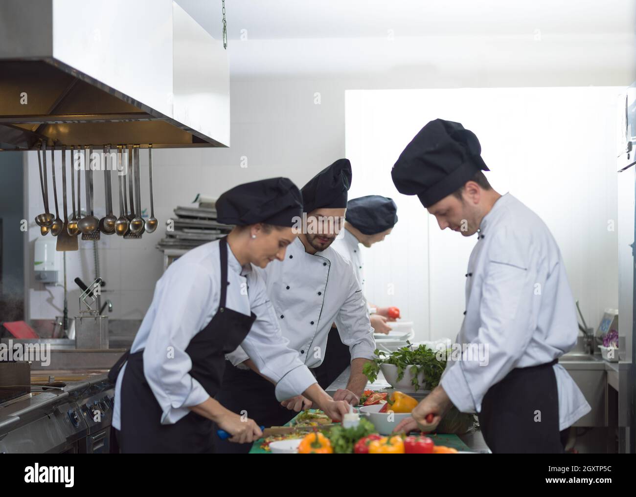 Professional team cooks and chefs preparing meals at busy hotel or ...
