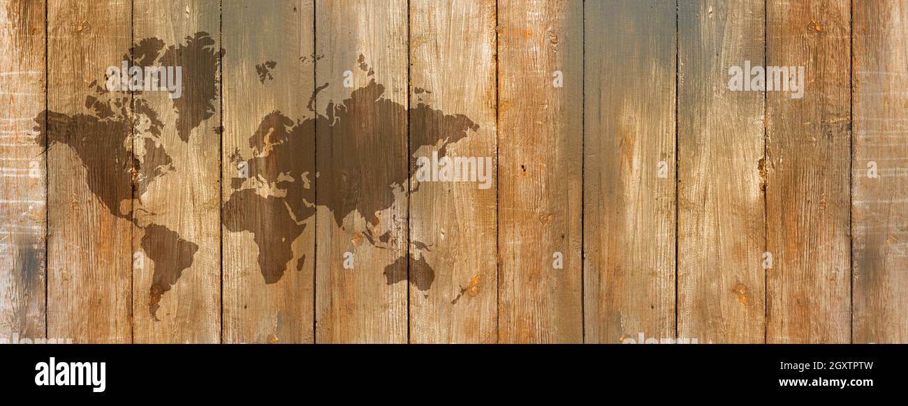 World map isolated on old wooden wall background. Horizontal banner Stock Photo