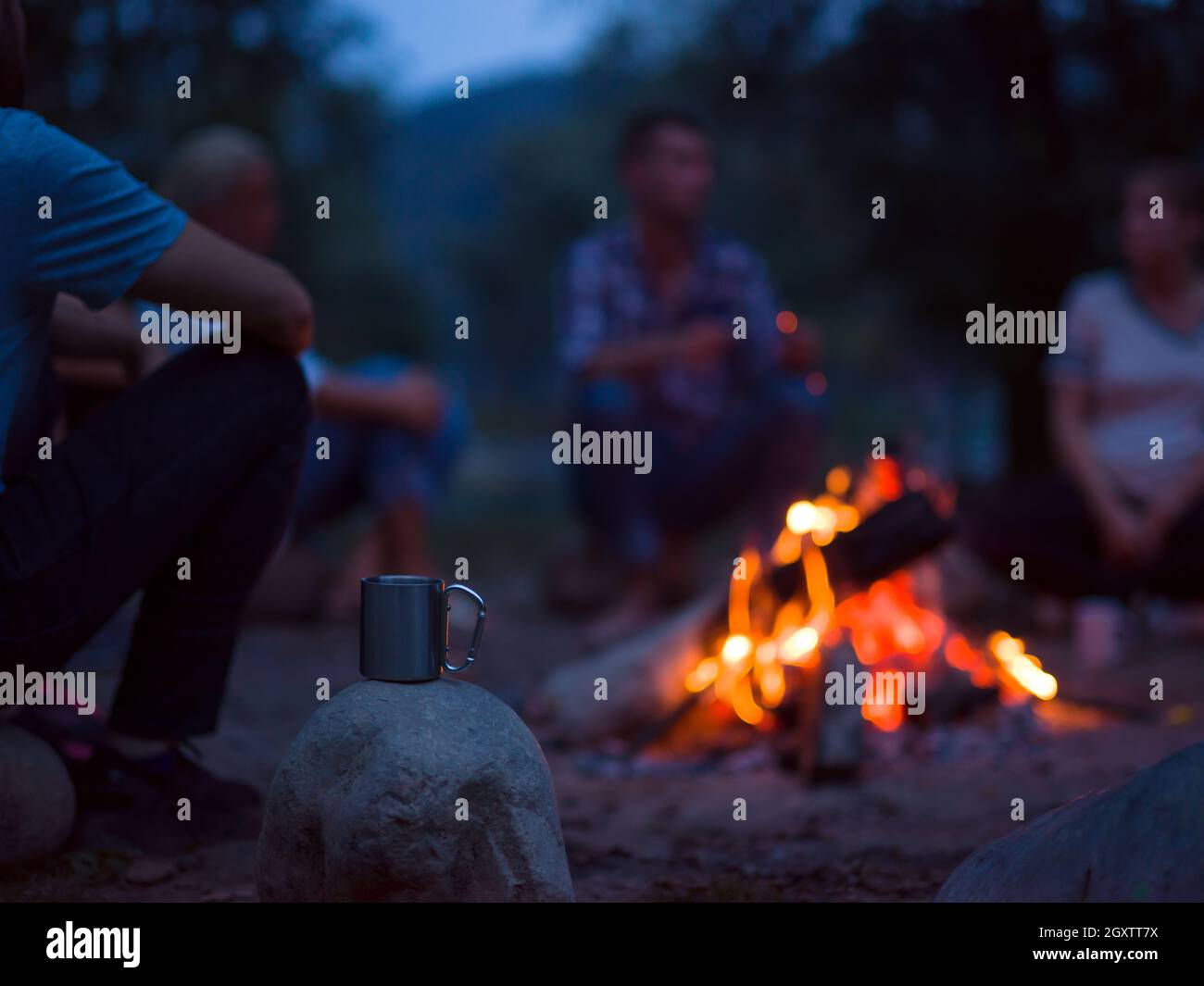 a group of happy young friends relaxing and enjoying summer evening ...