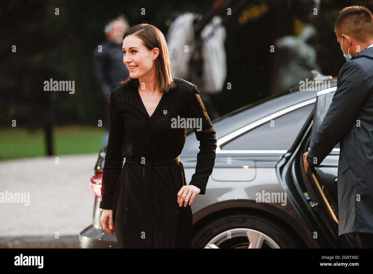 Brdo Pri Kranju, Slovenia. 05th Oct, 2021. Sanna Marin, Prime Minister of Finland, arrives at the EU-Western Balkans Summit which will take place on the 6th October, 2021. (Photo by Luka Dakskobler/SOPA Images/Sipa USA) Credit: Sipa USA/Alamy Live News Stock Photo